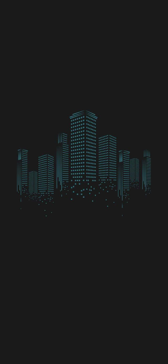 a city skyline with blue lights on a black background Wallpaper
