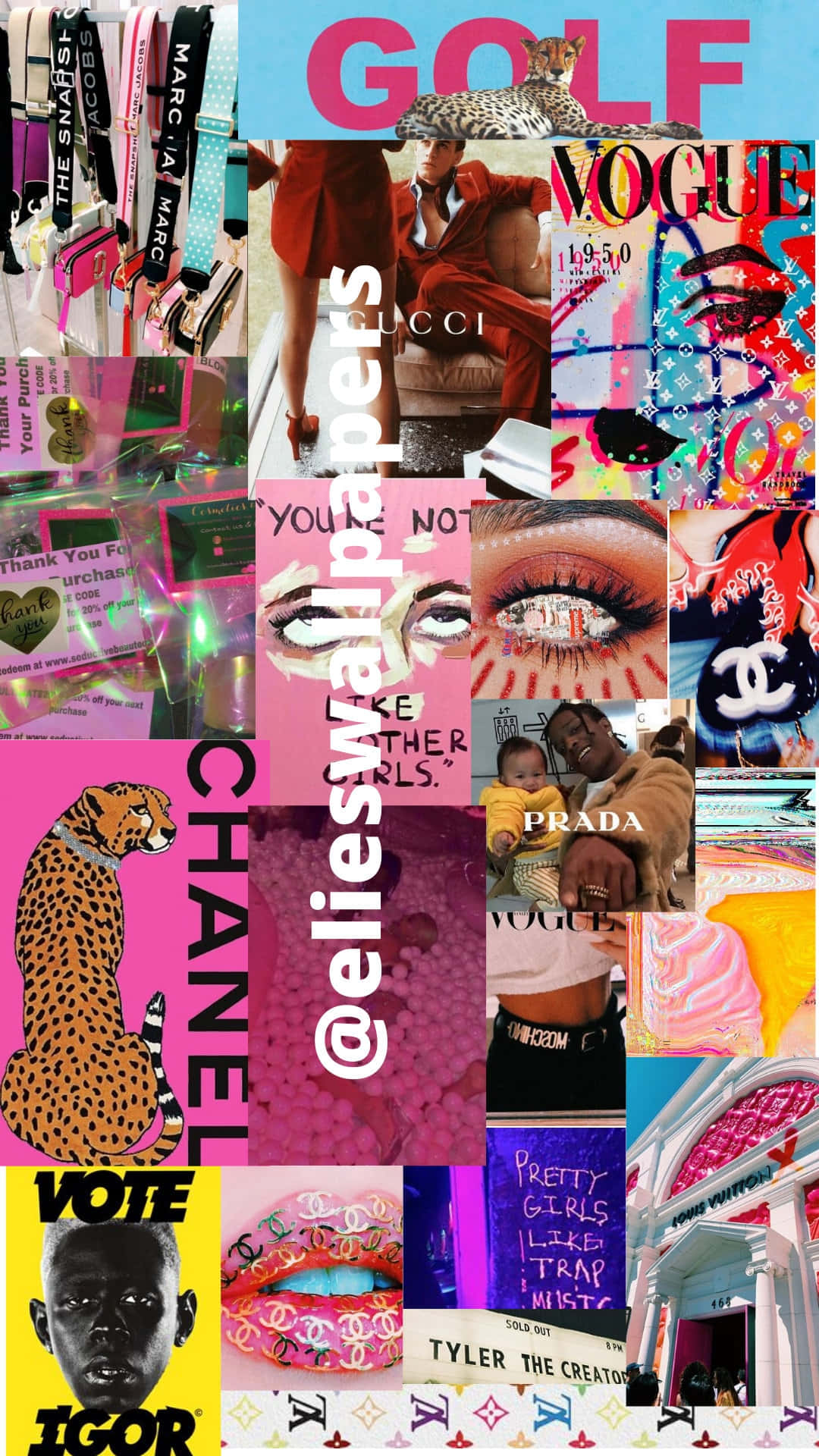 En collage af forskellige billeder af Chanel, Vogue og andre magasiner Wallpaper