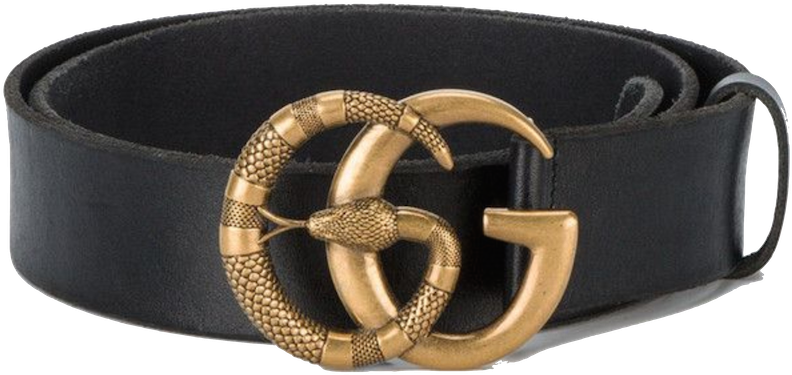 Designer Black Leather Beltwith Golden Snake Buckle PNG