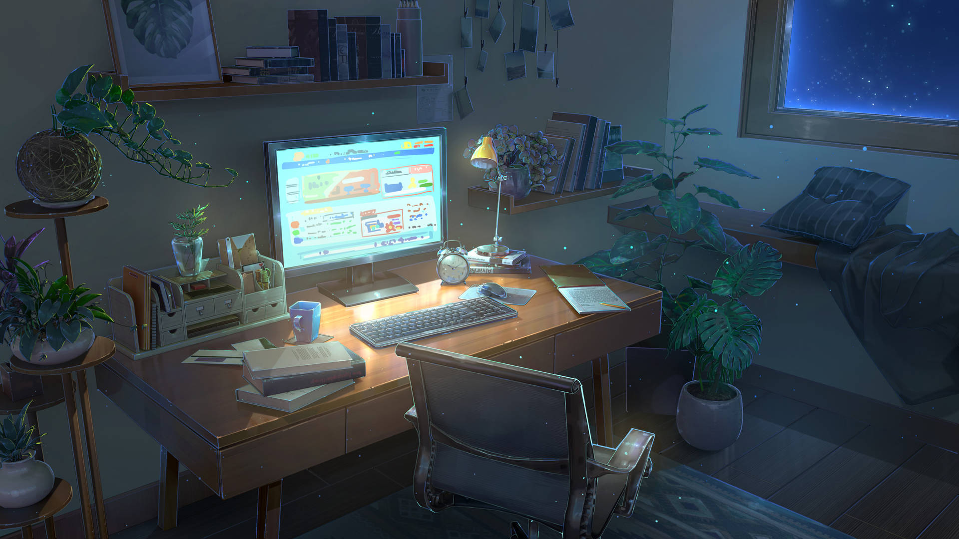 Desk With Potted Plants Anime Bedroom Wallpaper