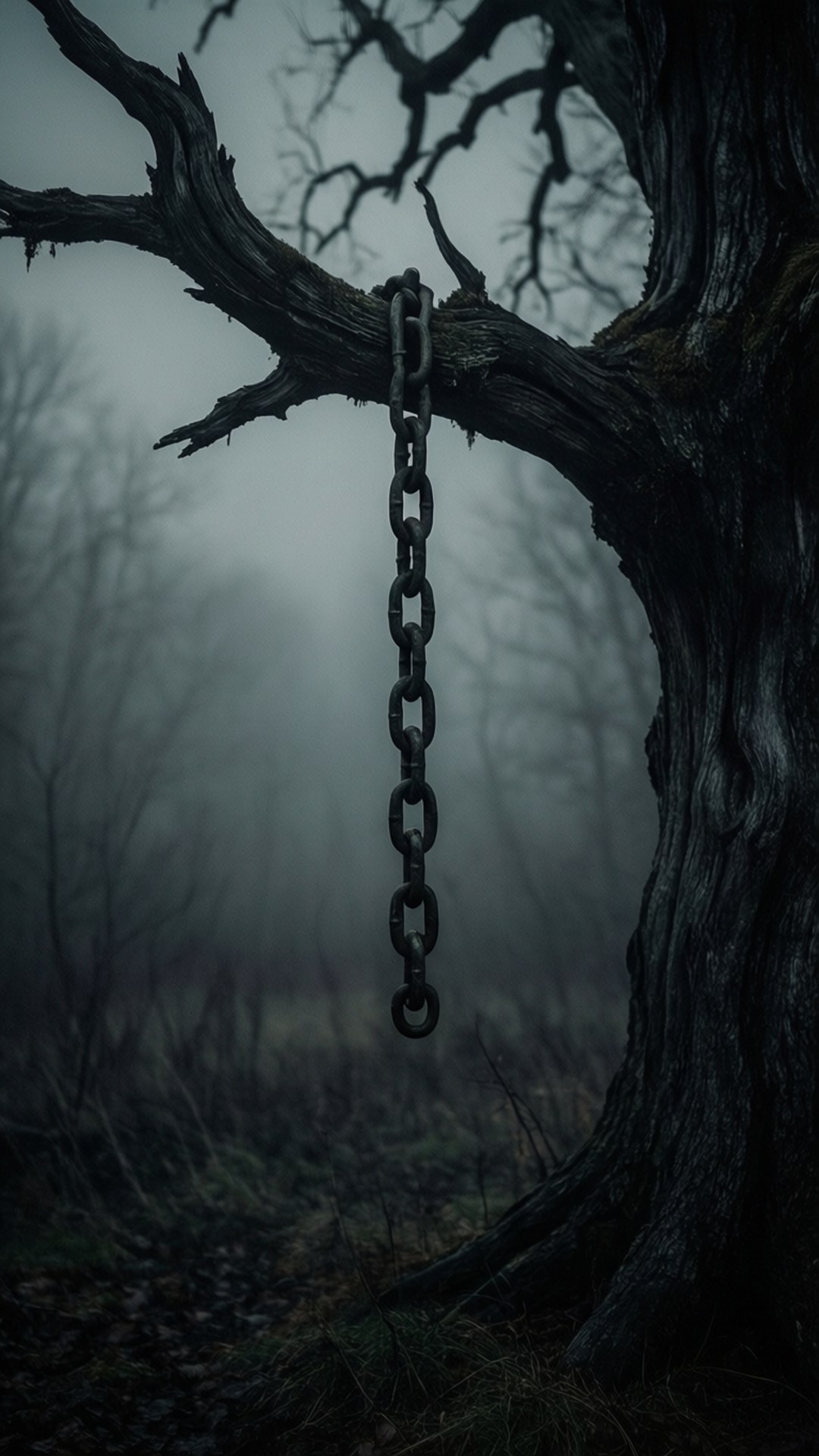 Paysage étrange avec une chaîne sur un arbre mort, inspiré par Alice in Chains