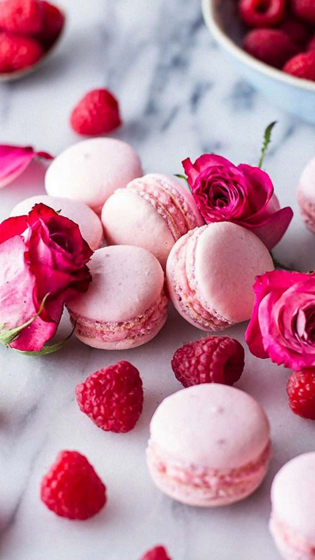 Pink Macarons And Roses Dessert iPhone Wallpaper