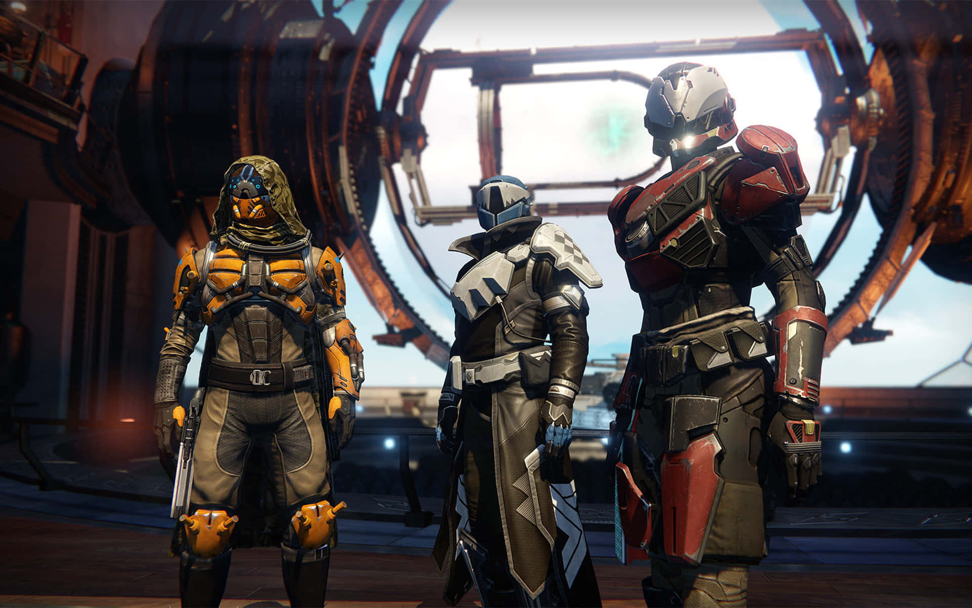 Guardians ready for battle – Characters from the game Destiny standing together in a vibrant scenery Wallpaper