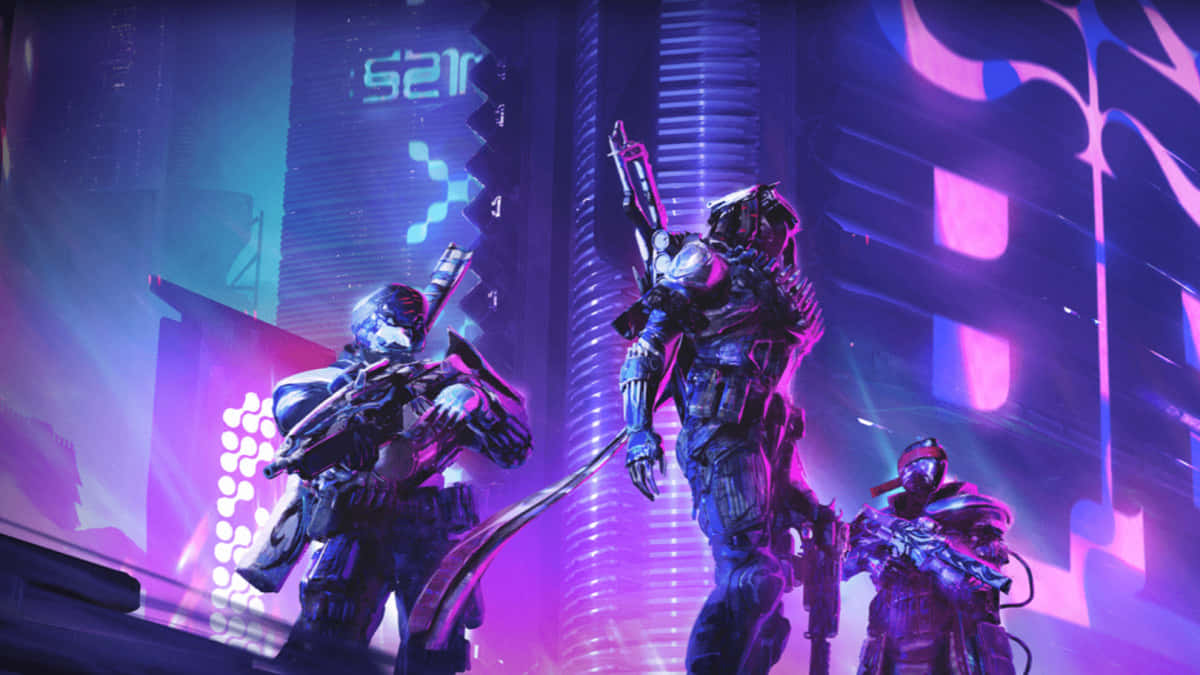 Destiny2 Lightfall Guardiansin Neon Cityscape Wallpaper