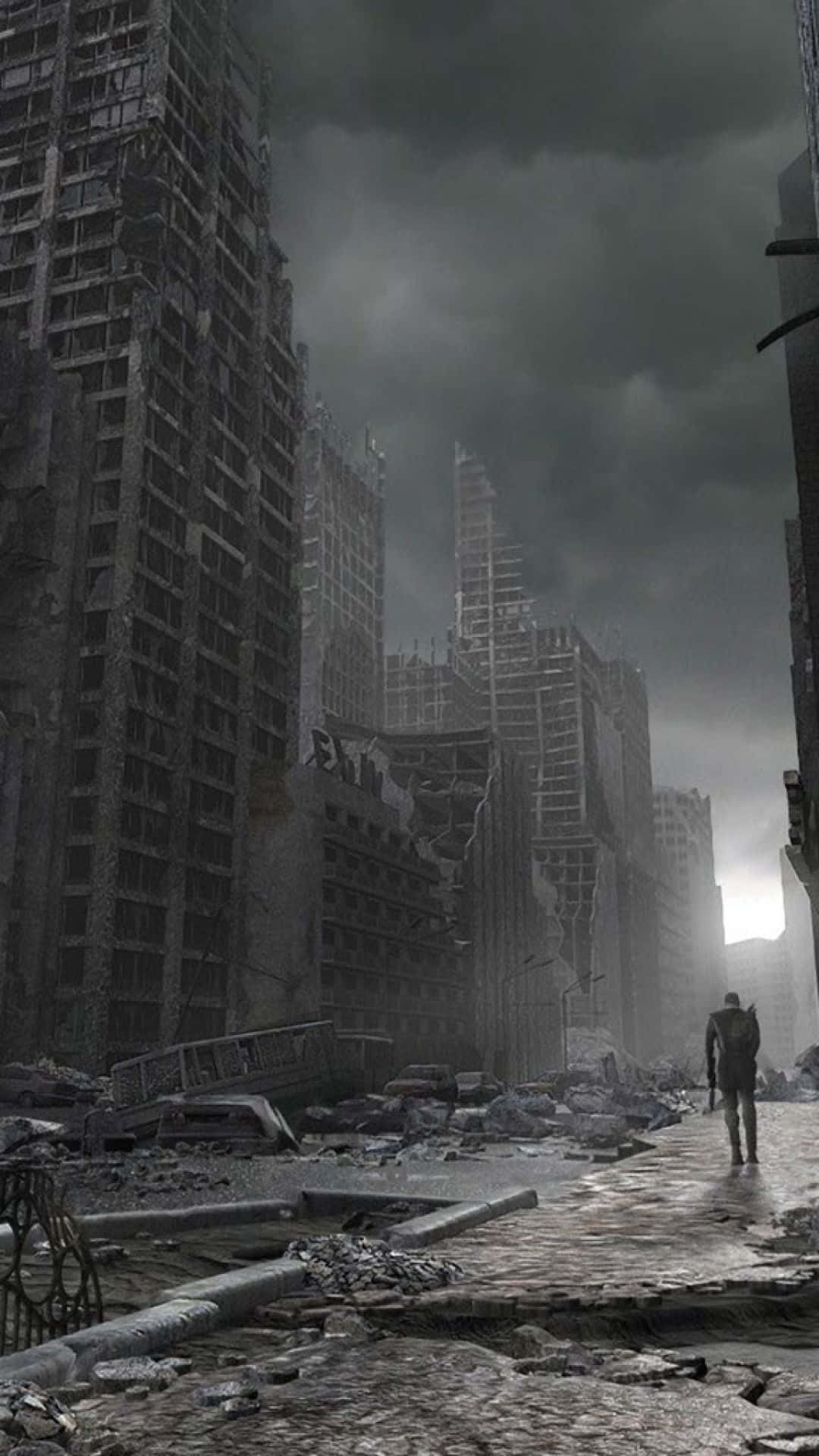Download Walking Man In Destroyed City Background 