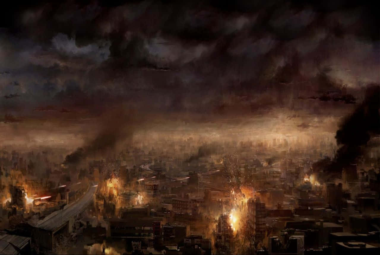Dark Cloud In Destroyed City Background