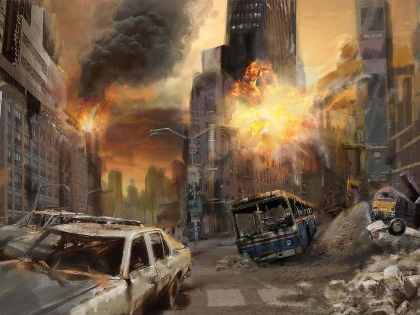 Empty Vehicle In A Destroyed City Background