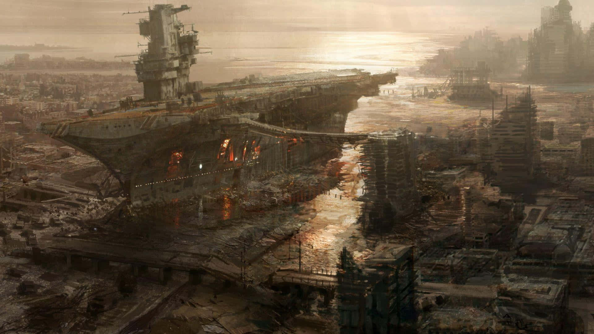 Aircraft Carrier In A Destroyed City Background