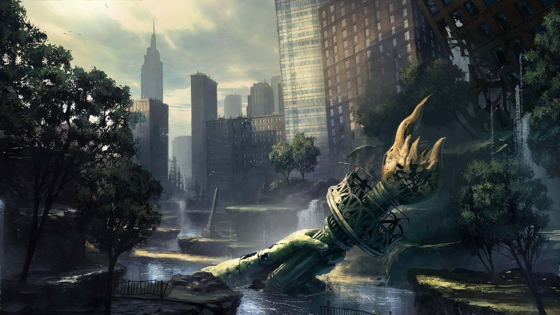 Statue Of Liberty In Destroyed City Background