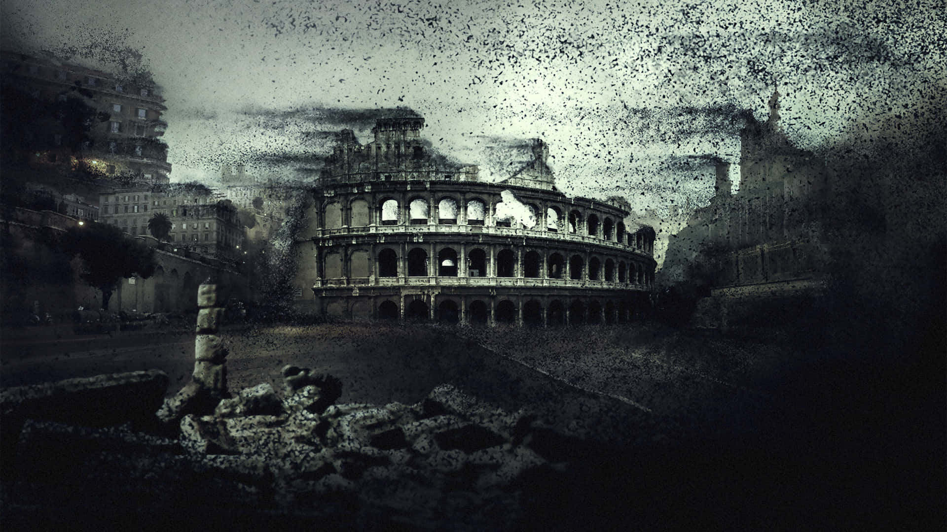 Fading Kolosseum i ødelagt by baggrund: