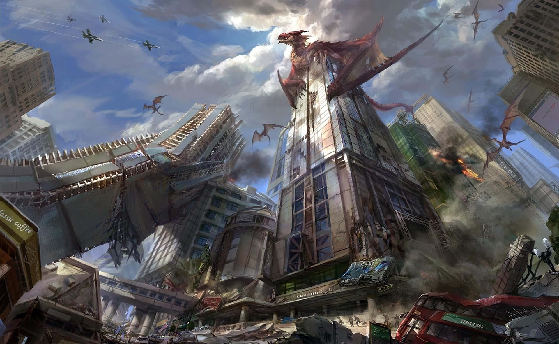 Download Dragon Invasion In Destroyed City Background 