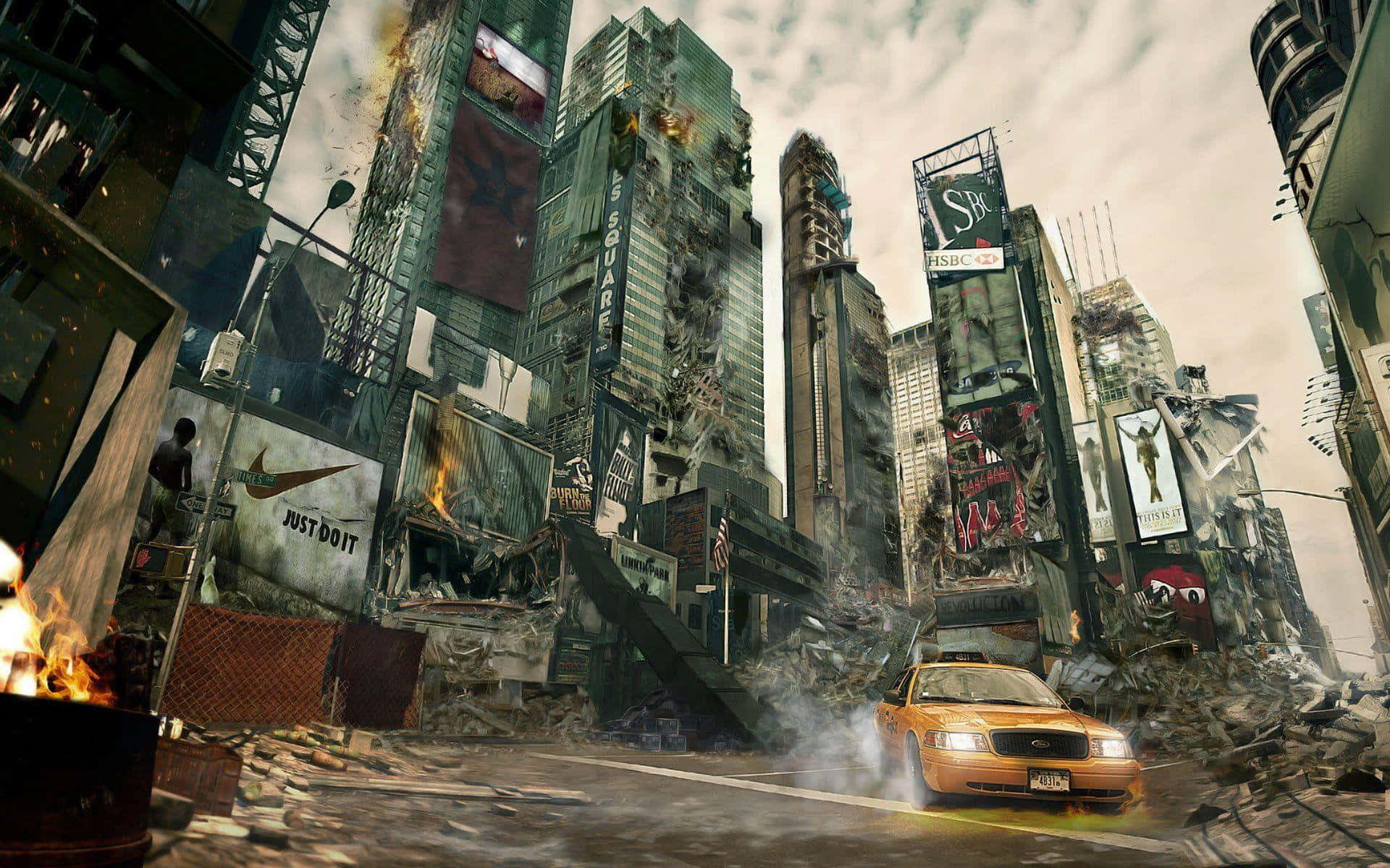 Sfondodi Una Città Distrutta In Uno Stile Filmico