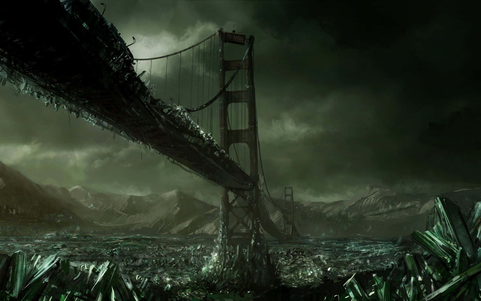 Golden Gate Bridge In Destroyed City Background