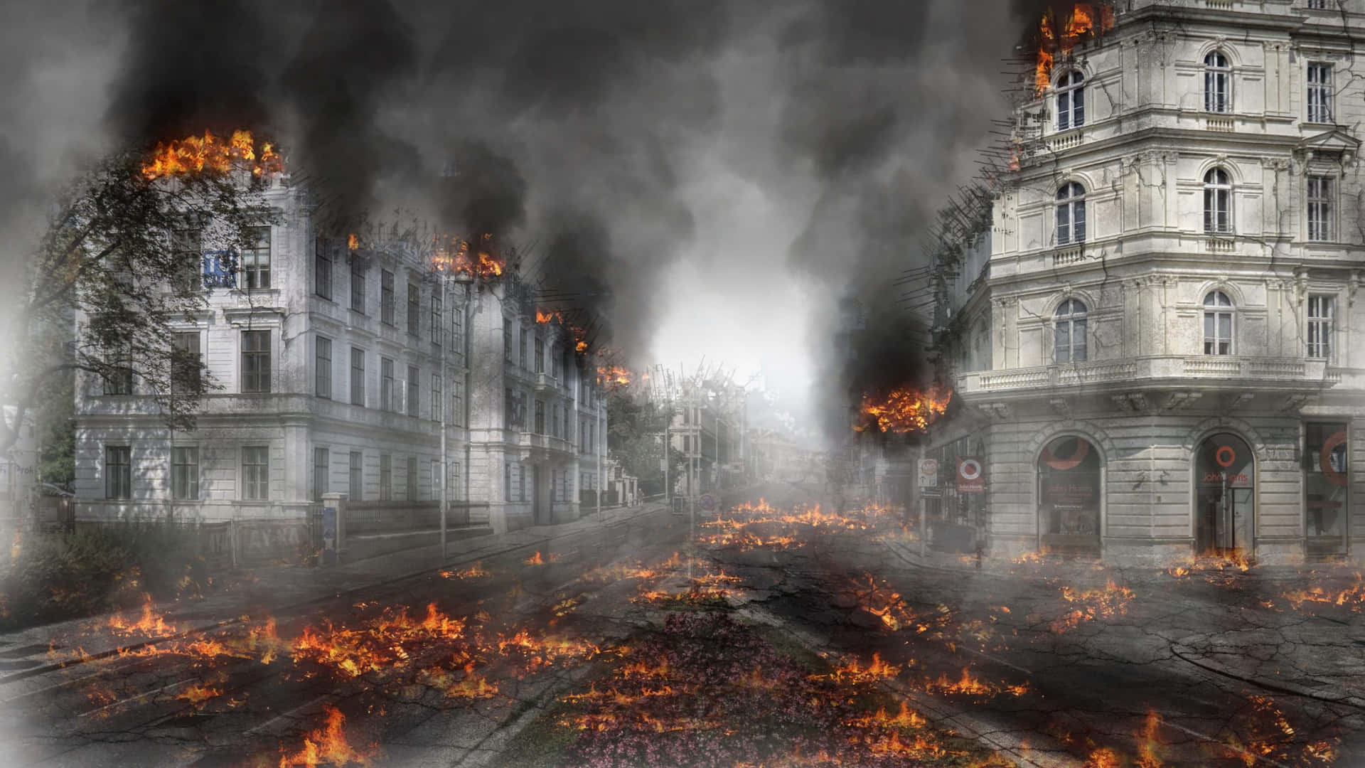 Burning Alley In Destroyed City Background
