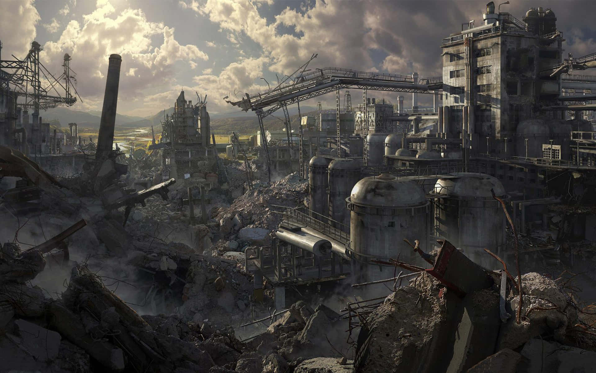 Fallen Factory In Destroyed City Background