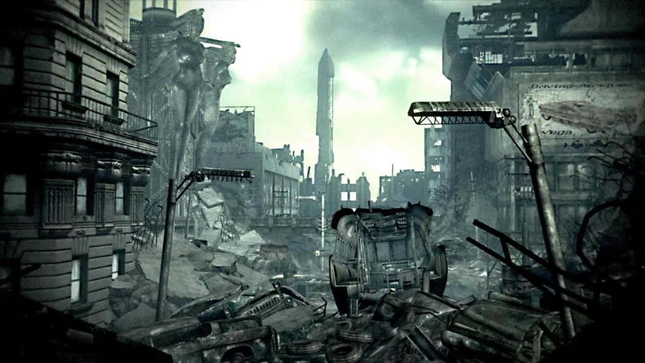 Rocket In Destroyed City Background
