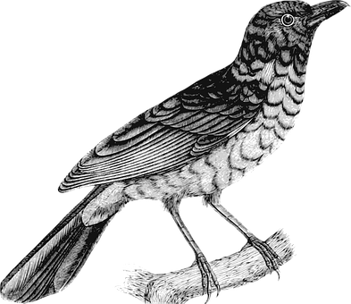 Detailed Blackand White Bird Illustration PNG