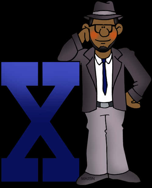 Detective Character Beside Letter X PNG