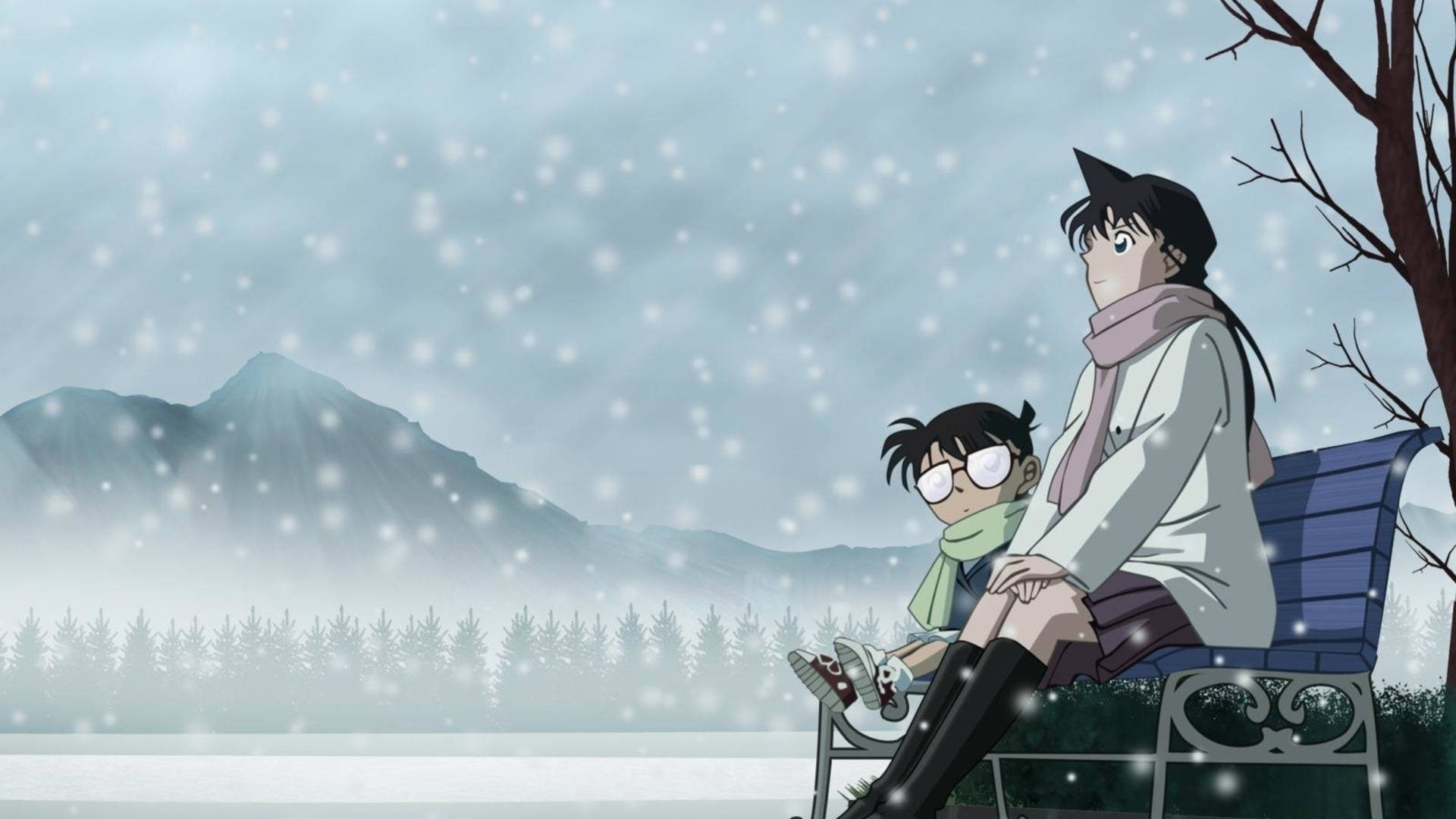 Detective Conan With Ran In Snow Background