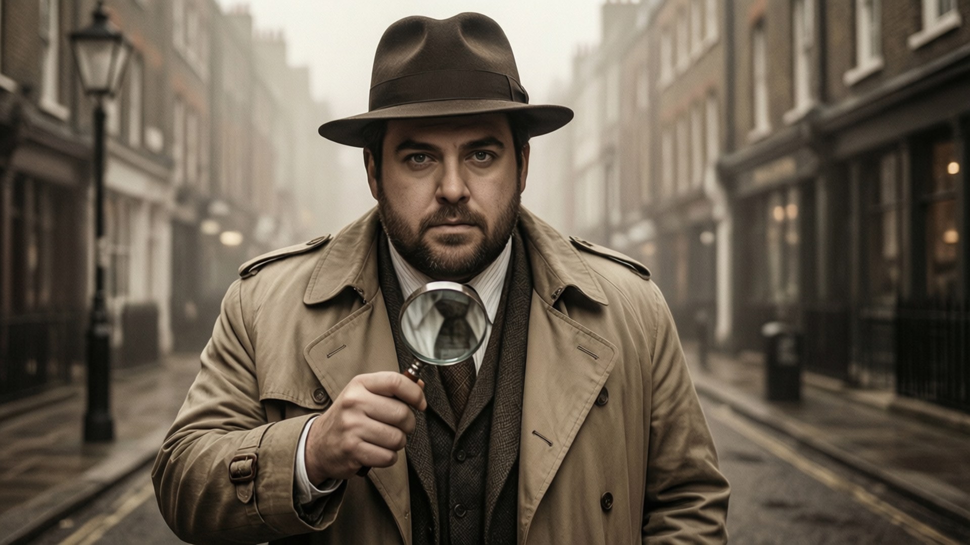 Jonah Hill as a classic detective in foggy London, sepia tones.