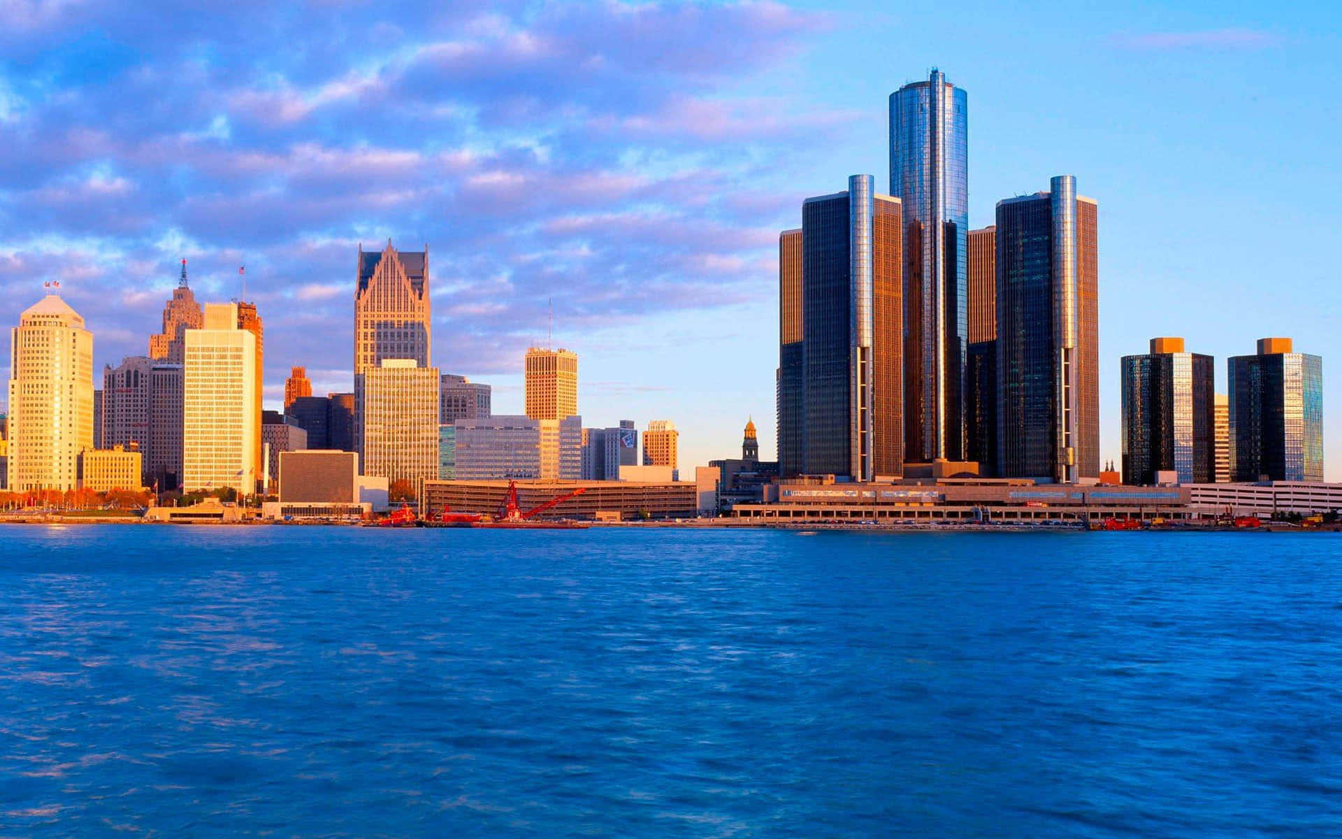 Detroit Skyline Dusk Waterfront View Wallpaper
