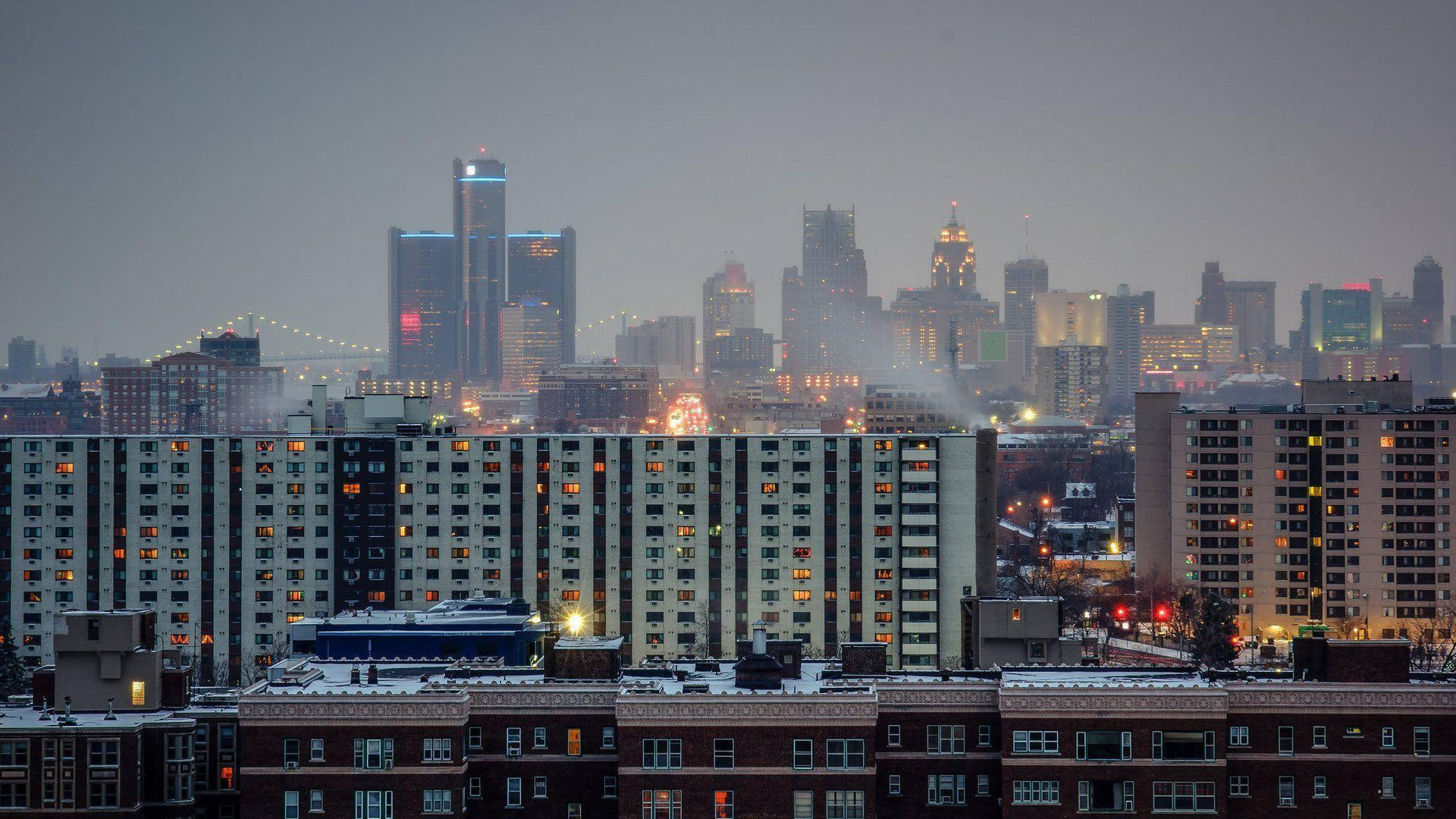 Detroit Skyline Foggy Wallpaper