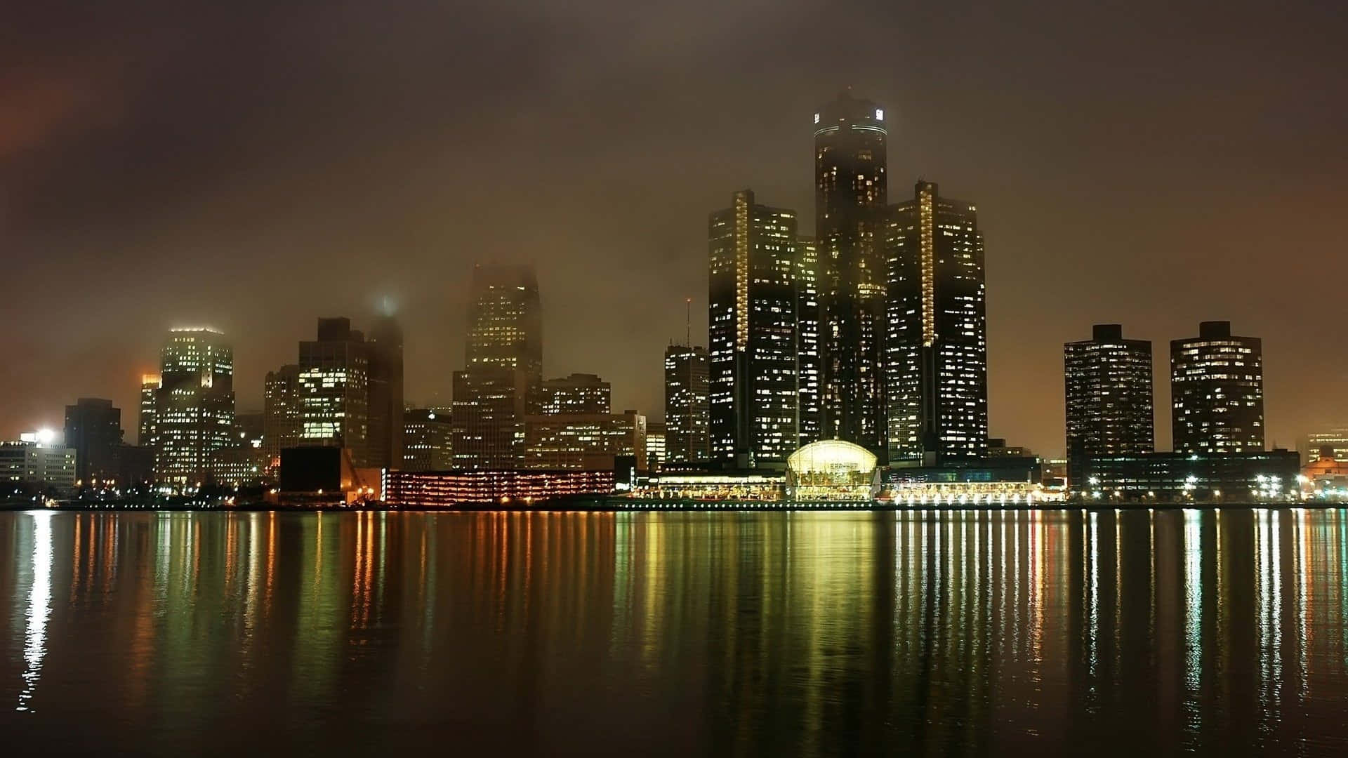 Detroit Skyline Night Reflection Wallpaper