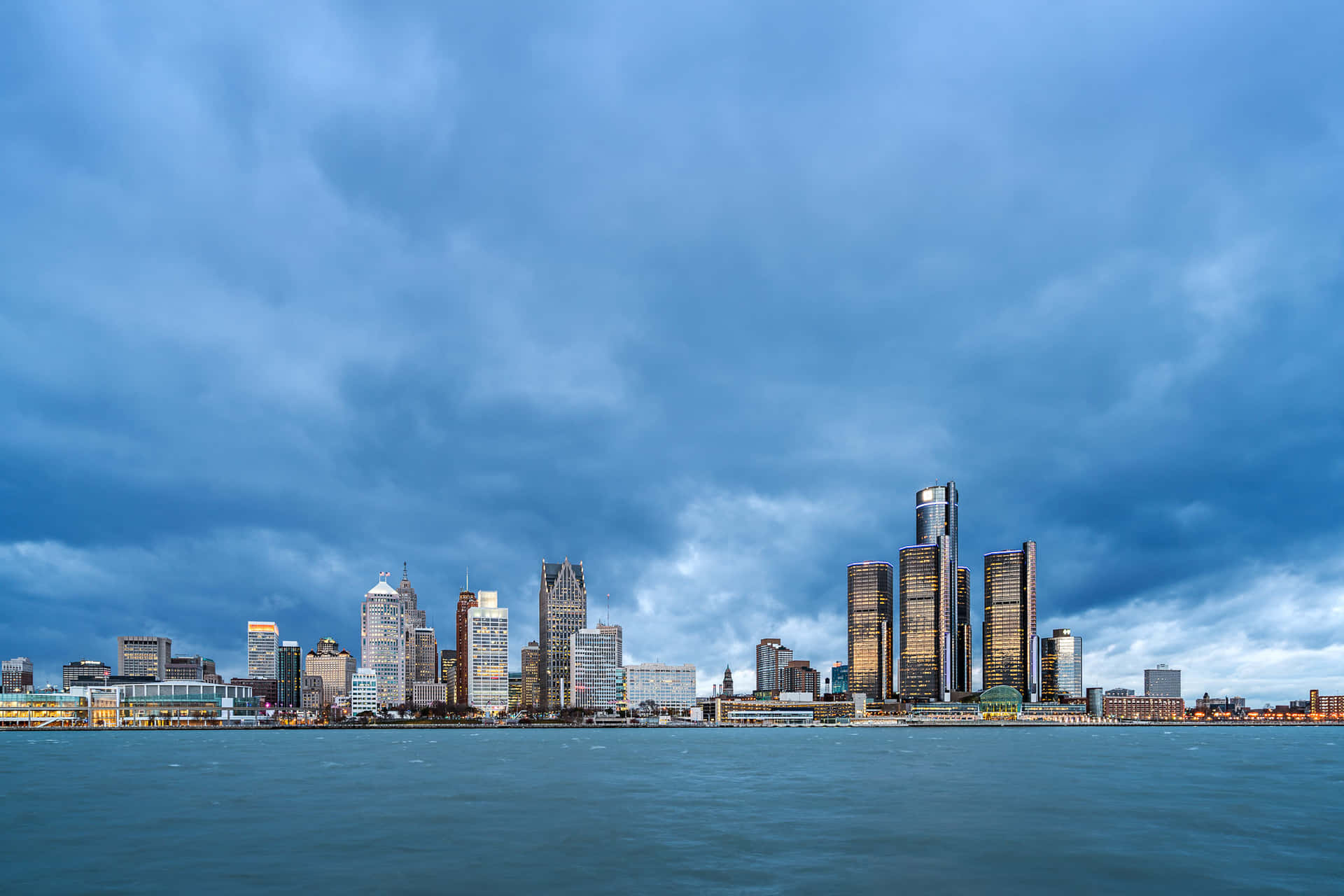 Detroit Skyline Stormy Backdrop Wallpaper