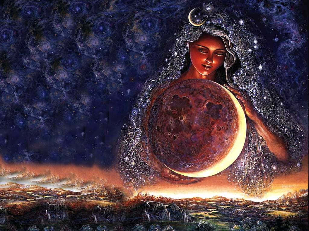 Moon Goddess Cradlingthe Moon Wallpaper — A mystical woman with a crescent moon crown holds a glowing moon over a fiery landscape under a starry cosmic sky.