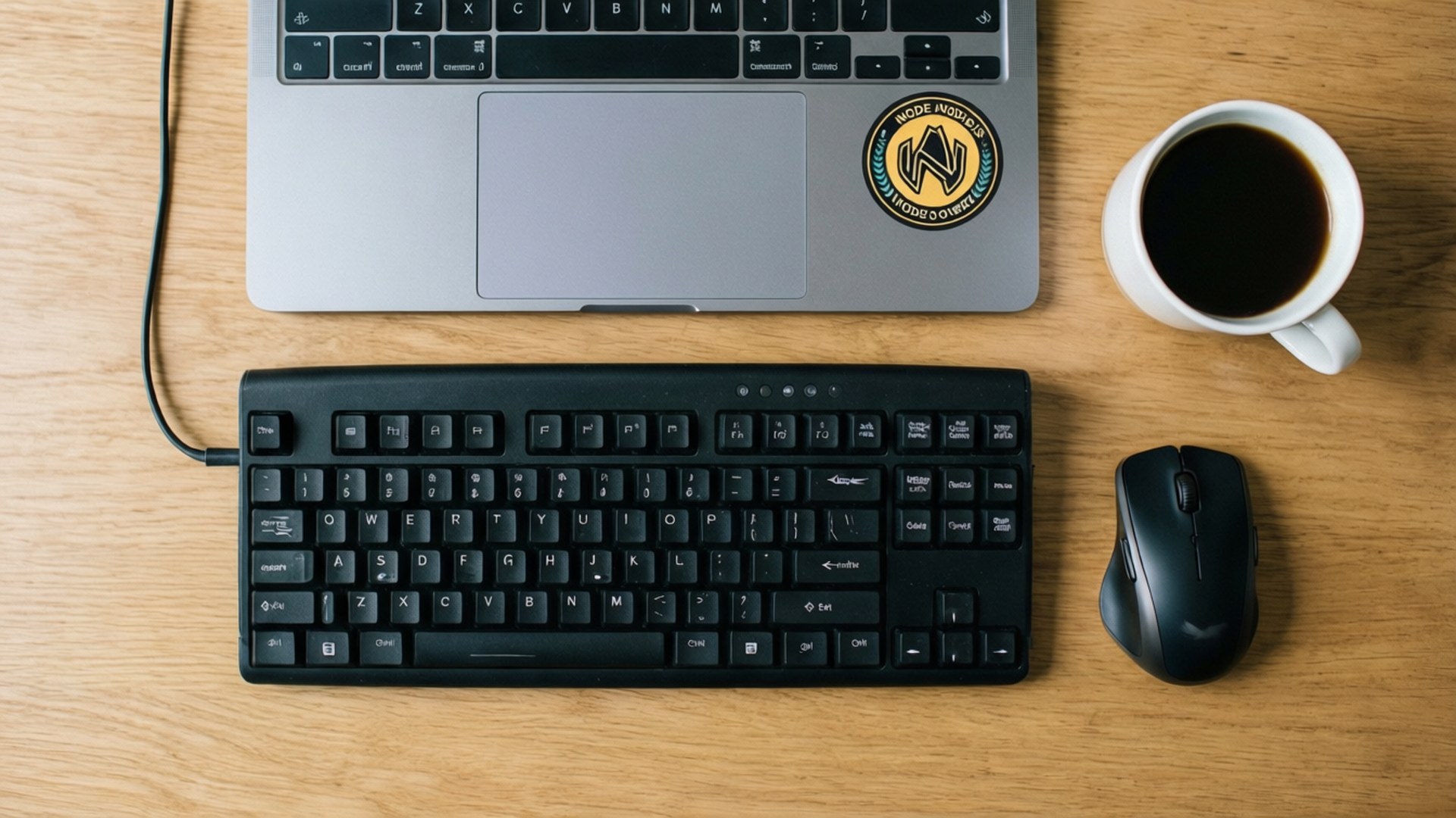 Minimalist desk setup with Node.js sticker