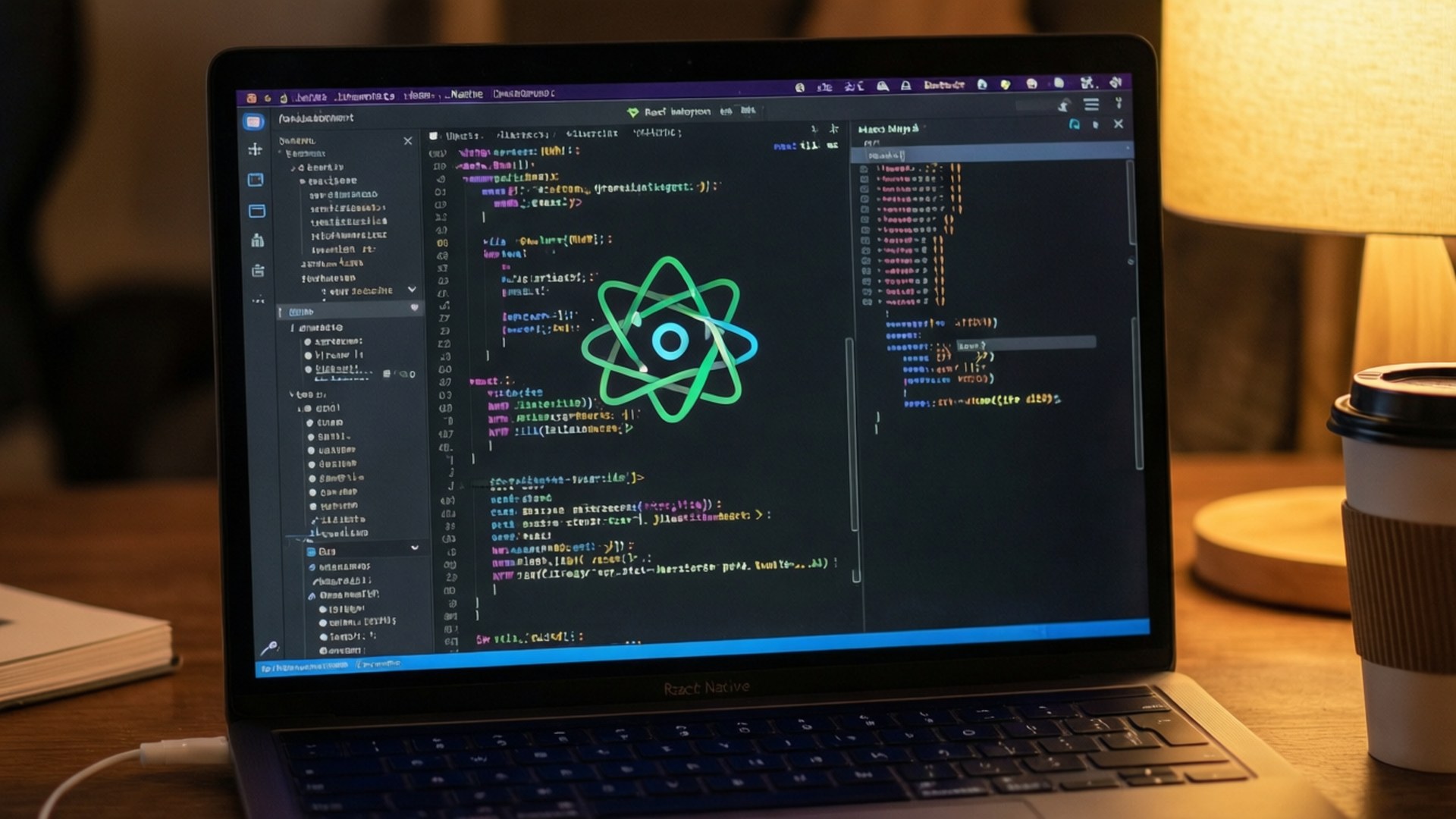 Developer's Workspace Wallpaper — A laptop displays React code with a glowing green logo on a dark screen beside a coffee cup and lamp on a wooden desk.