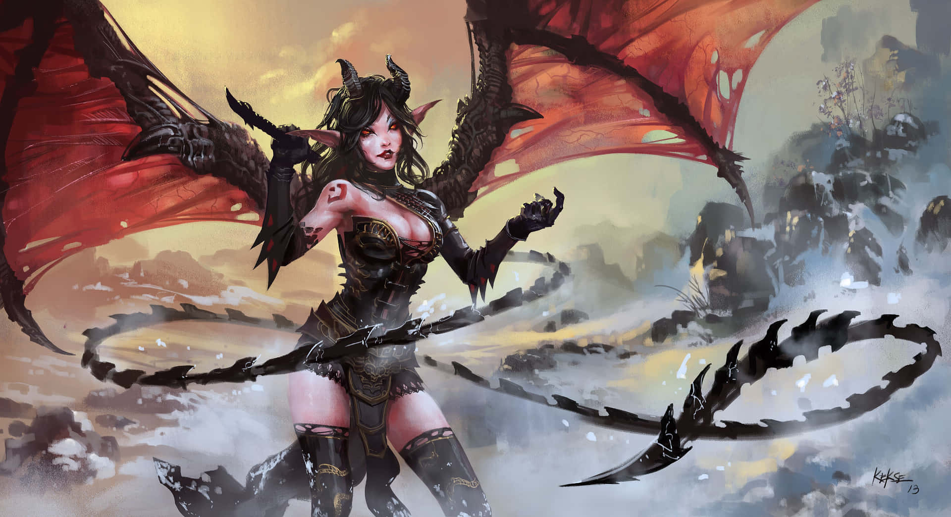 A Female Demon With Wings And A Sword Wallpaper