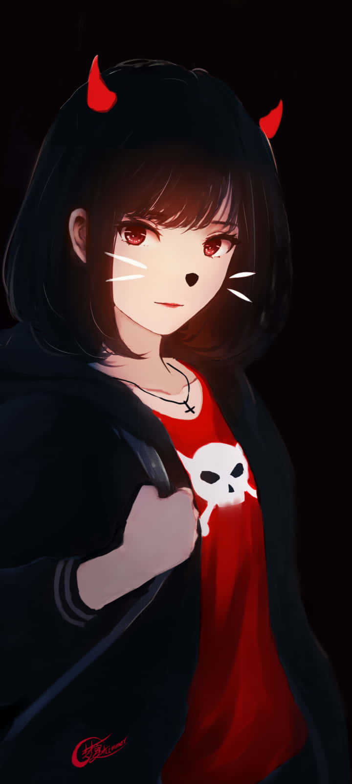 A Girl With Horns And A Red Shirt Wallpaper