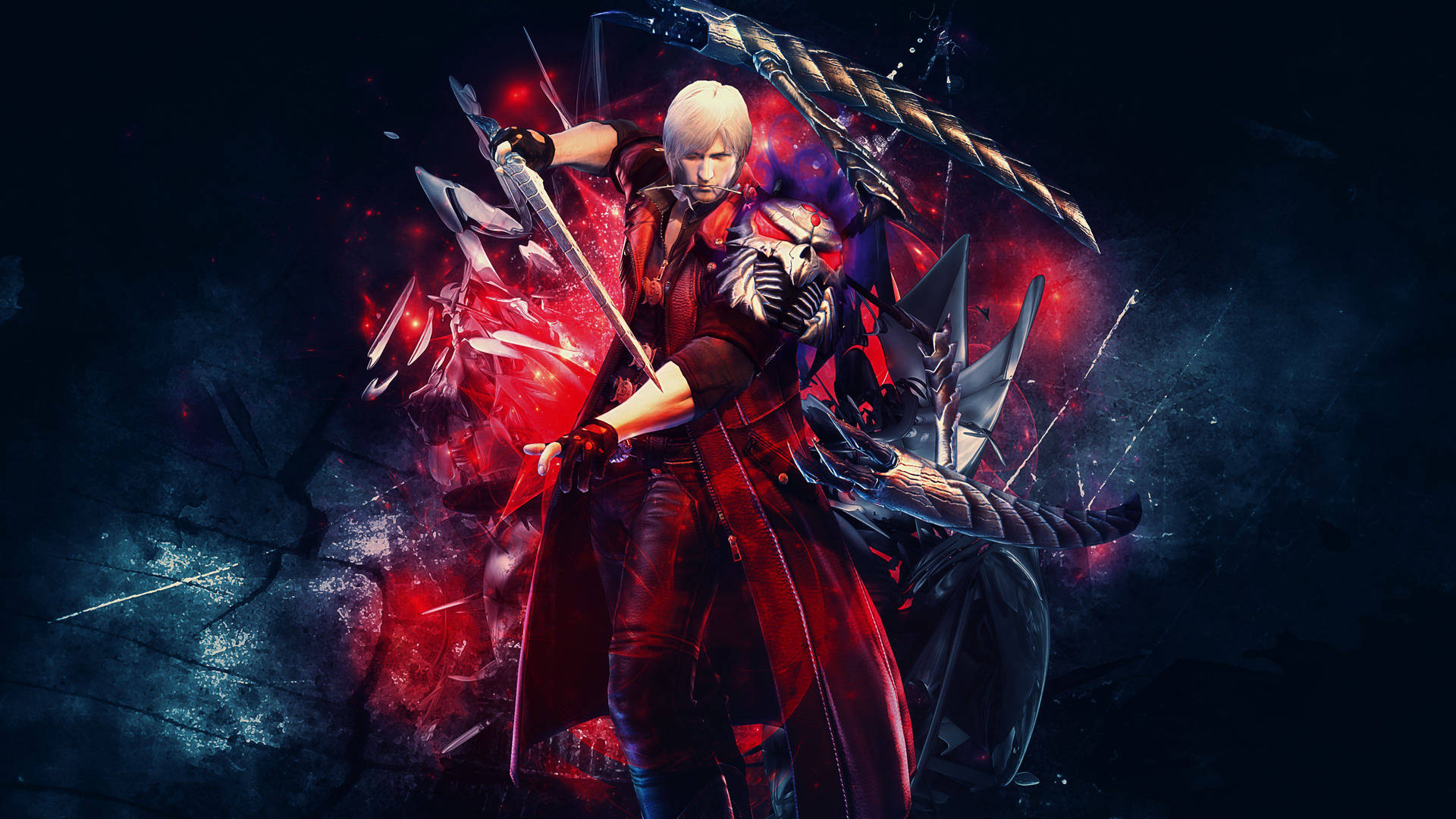 Dante from Devil May Cry takes a battle stance with his sword. Wallpaper