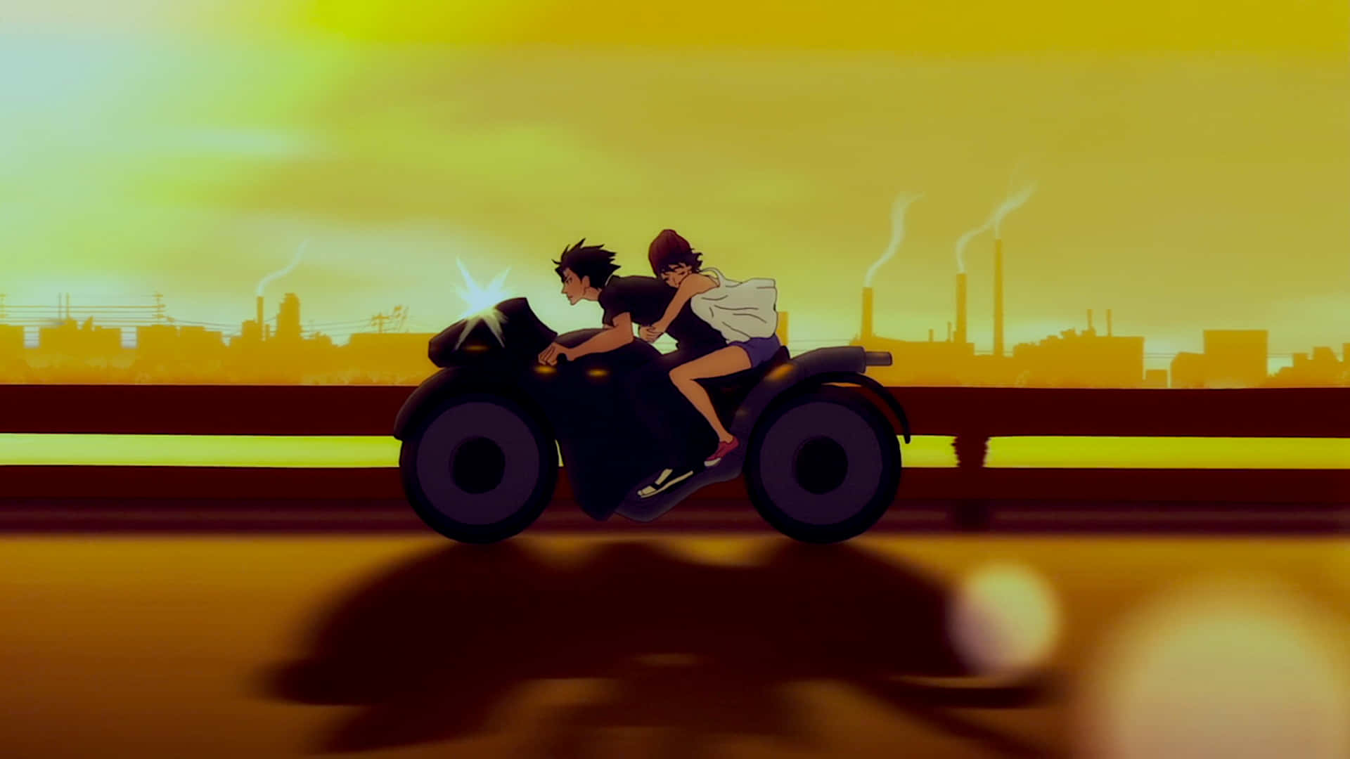 Einpaar, Das Bei Sonnenuntergang Auf Einem Motorrad Fährt