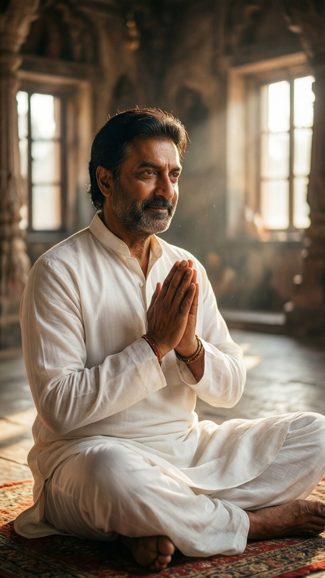 Sunny Deol i bønn i et tempel, rolig og åndelig