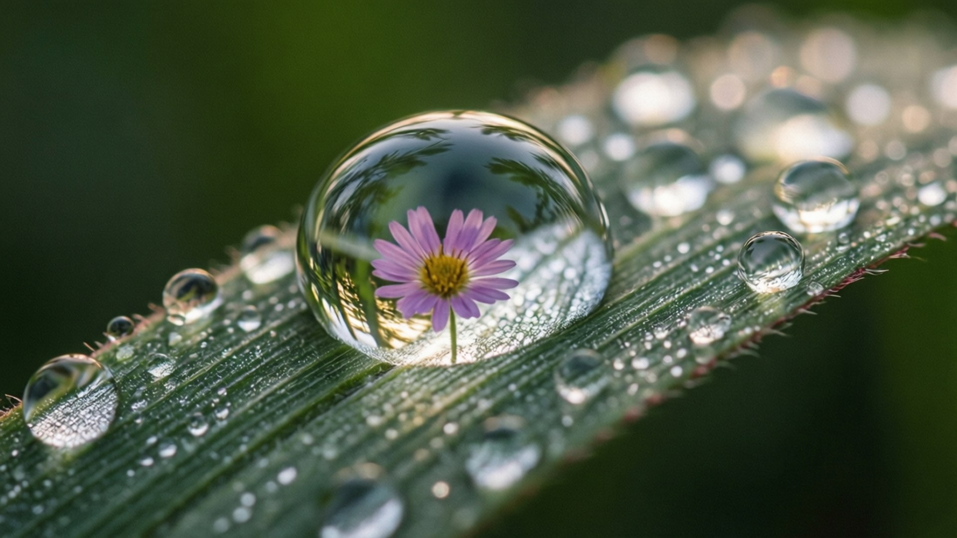 Een macrofoto van een dauwdruppel met reflectie, die onschatbare kleine wonderen symboliseert.