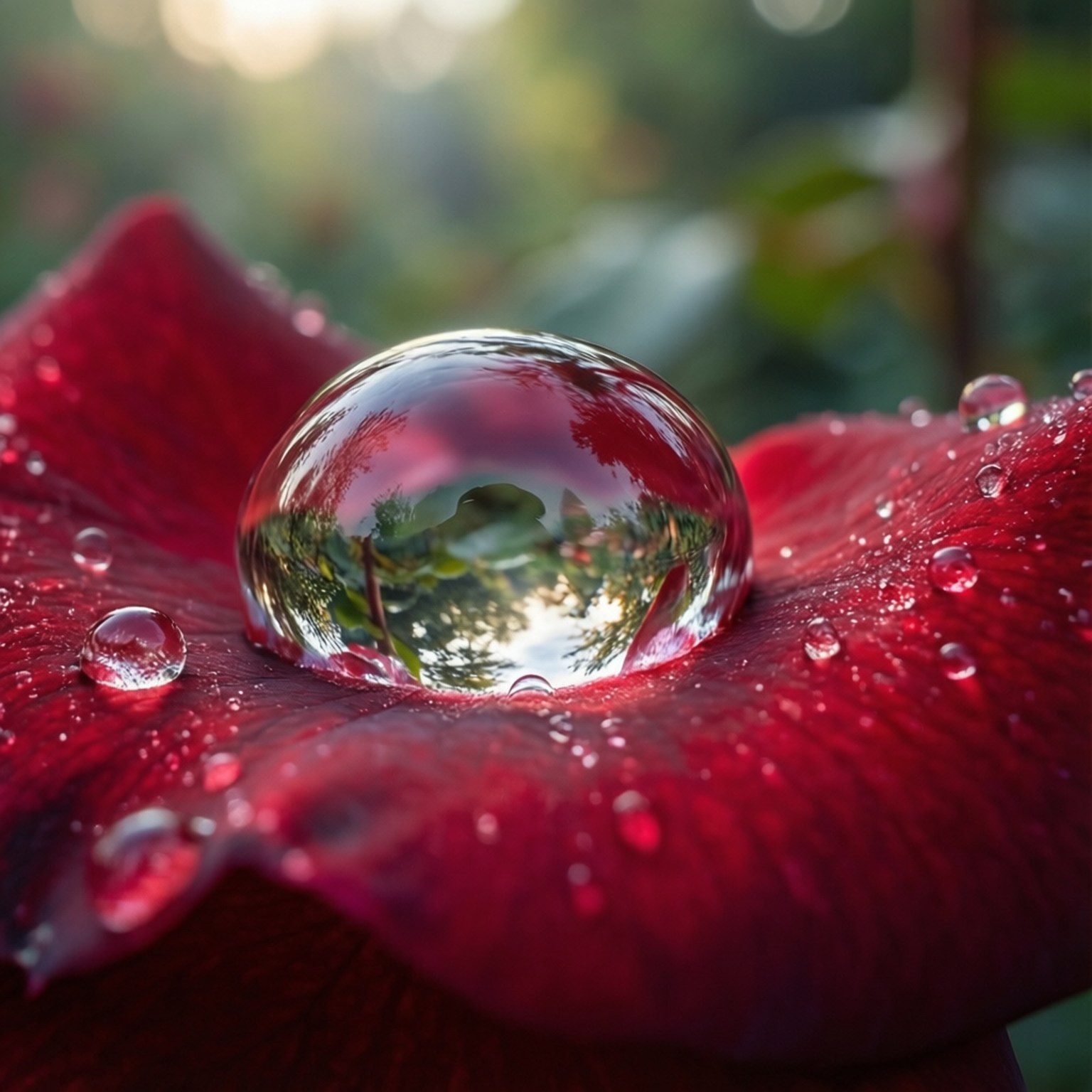 Dewdrop on Rose Sfondi — Una goccia d'acqua scintillante riposa su un petalo di rosa rosso vellutato che riflette una scena di foresta illuminata dal sole.