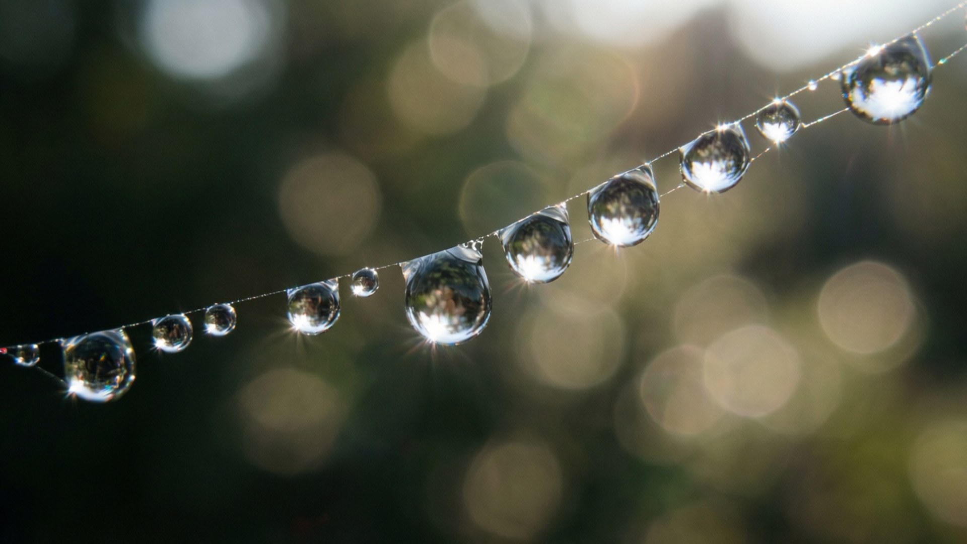 Duggdråper på et spindelvev som fanger sollys med bokeh-bakgrunn
