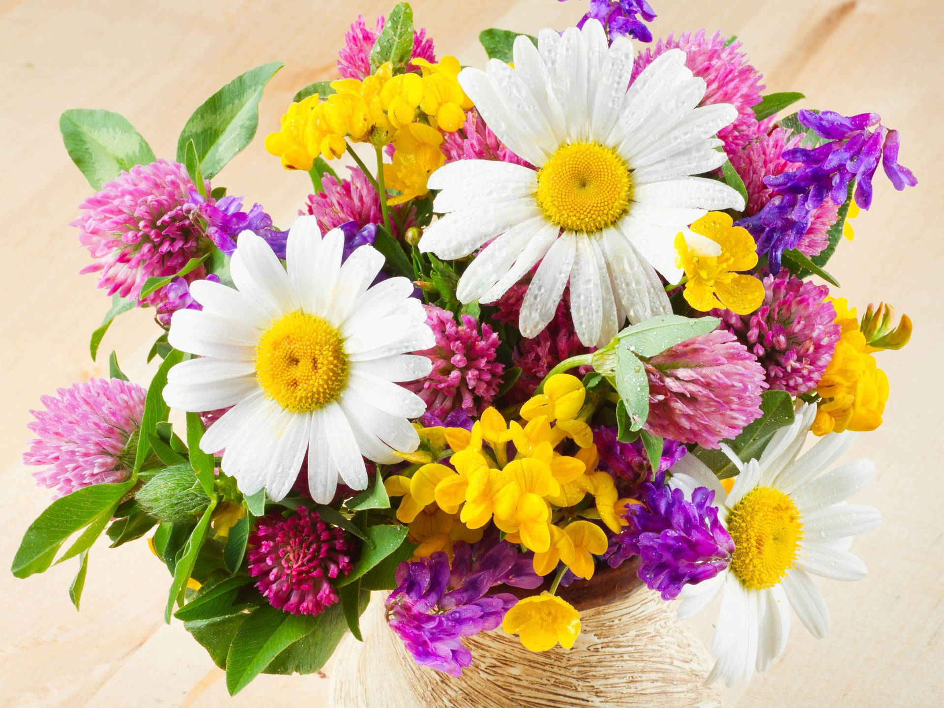 Dewy And Vibrant Flowers In Flower Vase Wallpaper