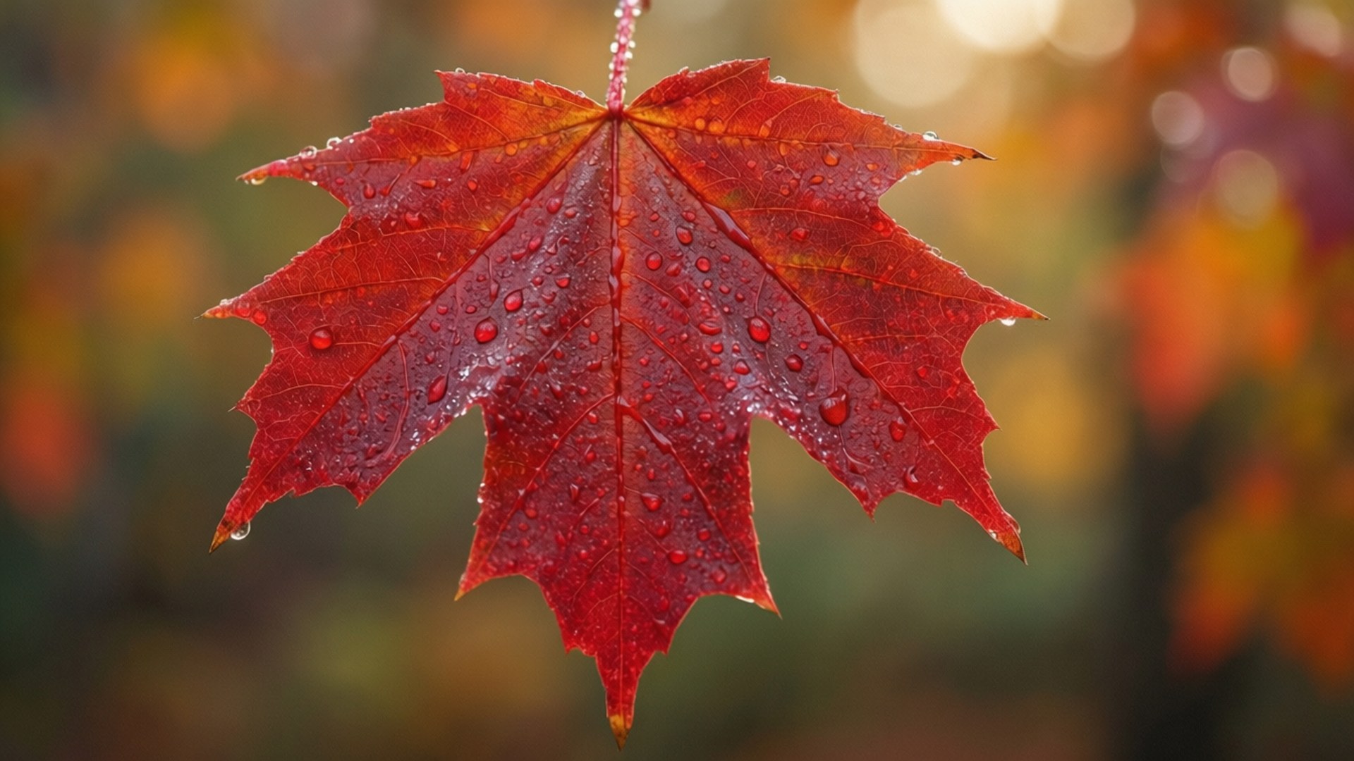 A close-up of a red maple leaf with dew drops against a bokeh autumn background.