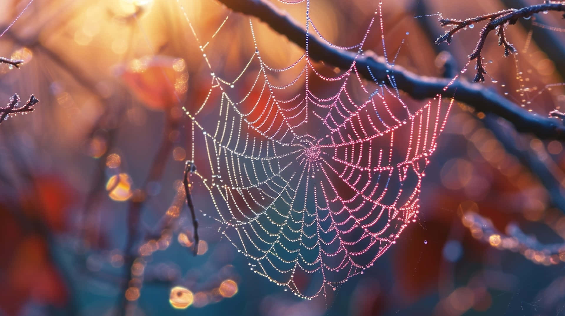 Dewy Spider Web Morning Light Wallpaper