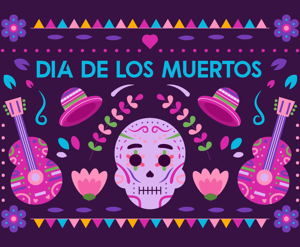 Dia De Los Muertos With Colorful Skulls And Guitars