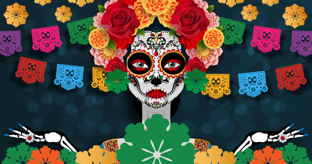 A Woman With A Sugar Skull Headdress And Flowers