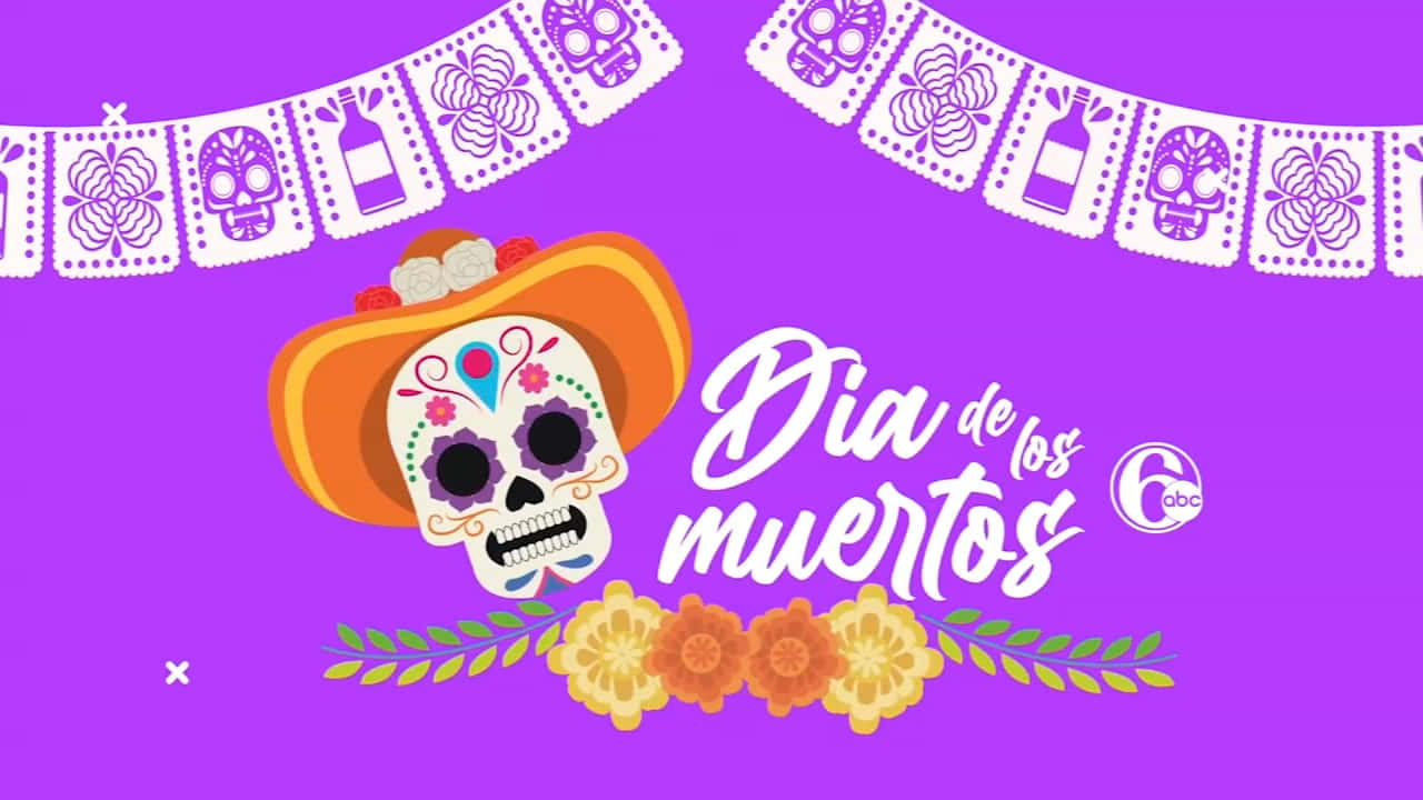 A Purple Background With A Skull And Flowers
