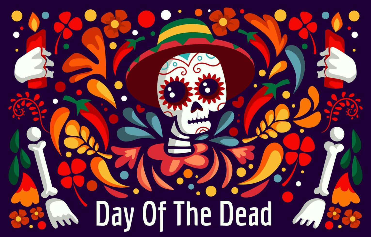 Day Of The Dead - Colorful Skull With Flowers And Candles