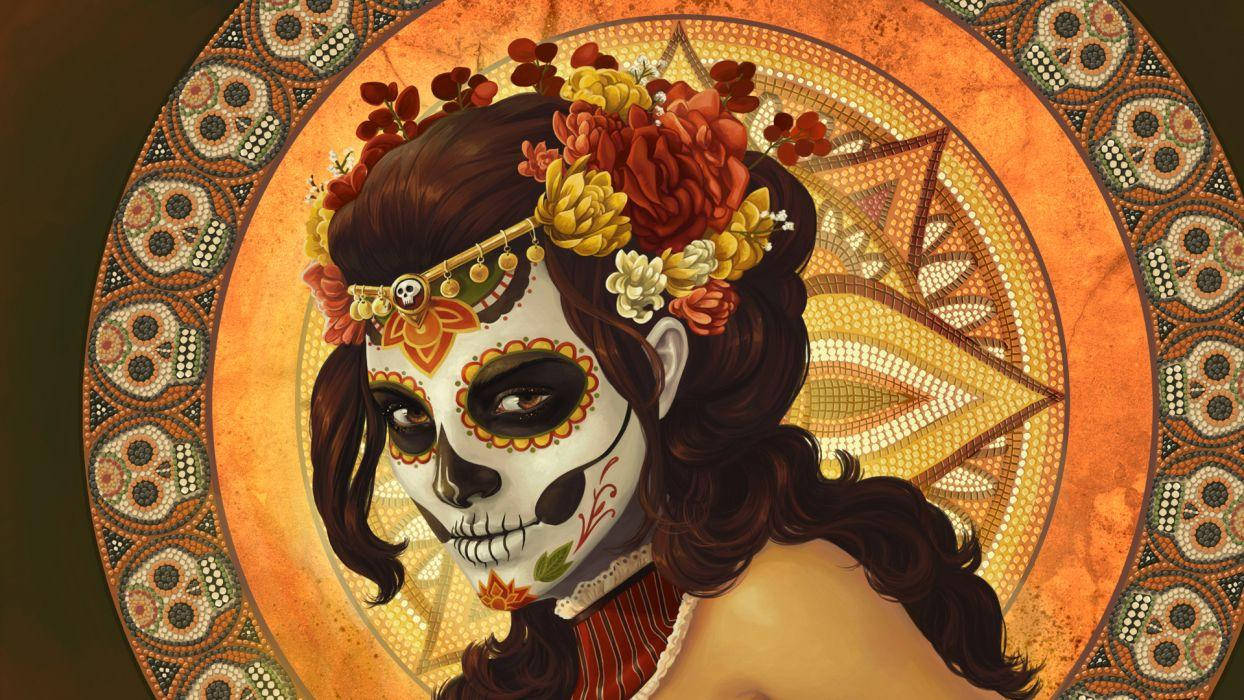 Dia De Los Muertos Lady Mask Skulls Circle Wallpaper