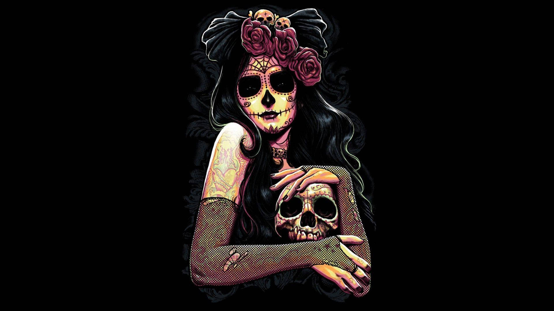 Dia De Los Muertos Woman Roses Skull