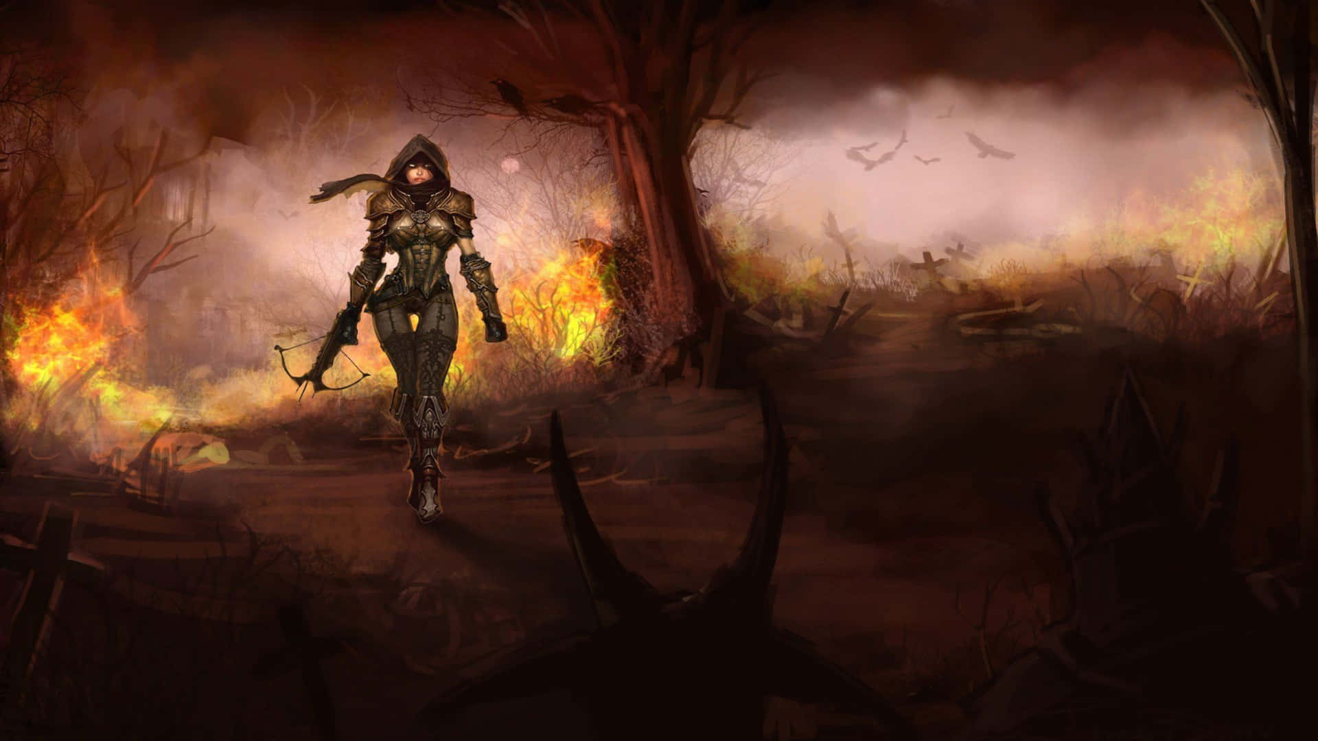 Diablo 4K Demon Hunter In Burning Woods Wallpaper