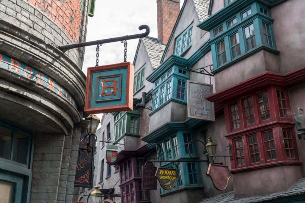 Caption: Magical Diagon Alley bustling with witches and wizards shopping in the heart of London. Wallpaper